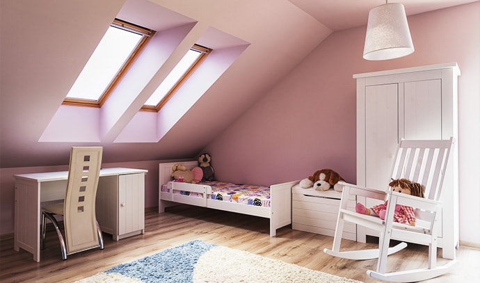 pink-kids-bedroom-attic-stuffed-toys-white-furnitures
